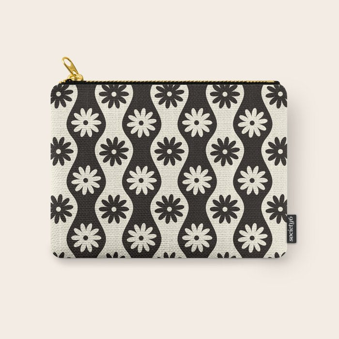 Retro Wavy Stripes with Flowers in Black & Off White Carry All Pouch Gallery Image 1