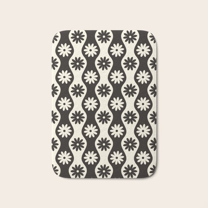 Retro Wavy Stripes with Flowers in Black & Off White Bath Mat Gallery Image 1