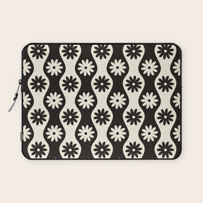 Retro Wavy Stripes with Flowers in Black & Off White Laptop Sleeve Gallery Image 1