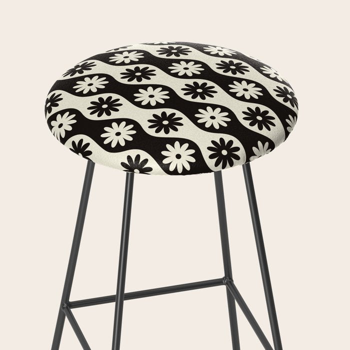 Retro Wavy Stripes with Flowers in Black & Off White Stool Gallery Image 2