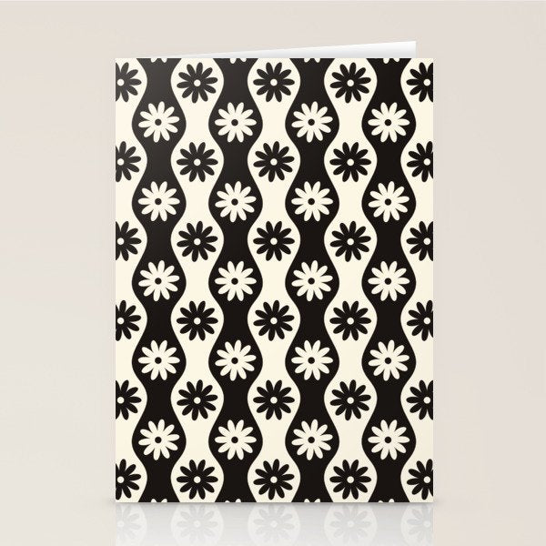 Retro Wavy Stripes with Flowers in Black & Off White Stationery Card Gallery Image 2