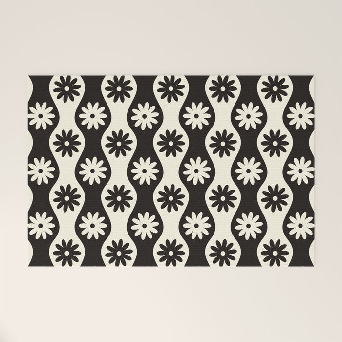 Retro Wavy Stripes with Flowers in Black & Off White Welcome Mat Gallery Image 1