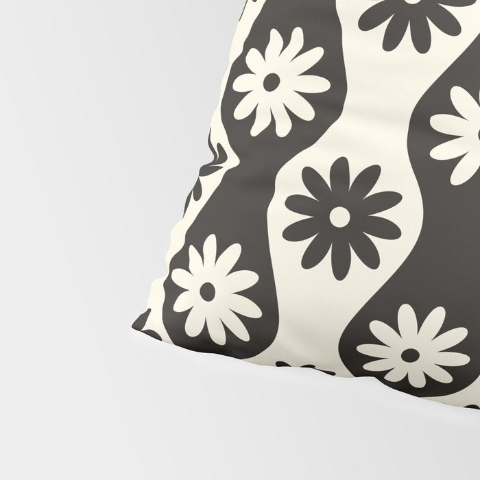 Retro Wavy Stripes with Flowers in Black & Off White Pillow Sham Gallery Image 4