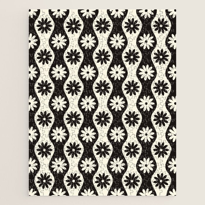 Retro Wavy Stripes with Flowers in Black & Off White Jigsaw Puzzle Gallery Image 1
