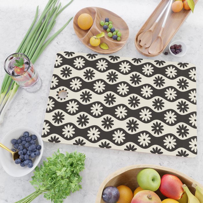 Retro Wavy Stripes with Flowers in Black & Off White Cutting Board Gallery Image 2