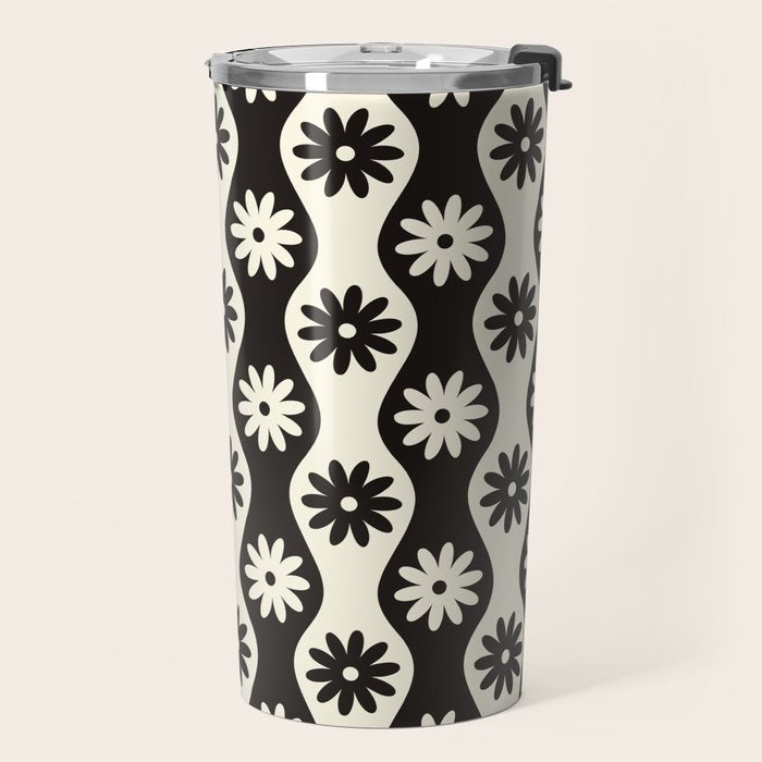 Retro Wavy Stripes with Flowers in Black & Off White Travel Mug Gallery Image 2