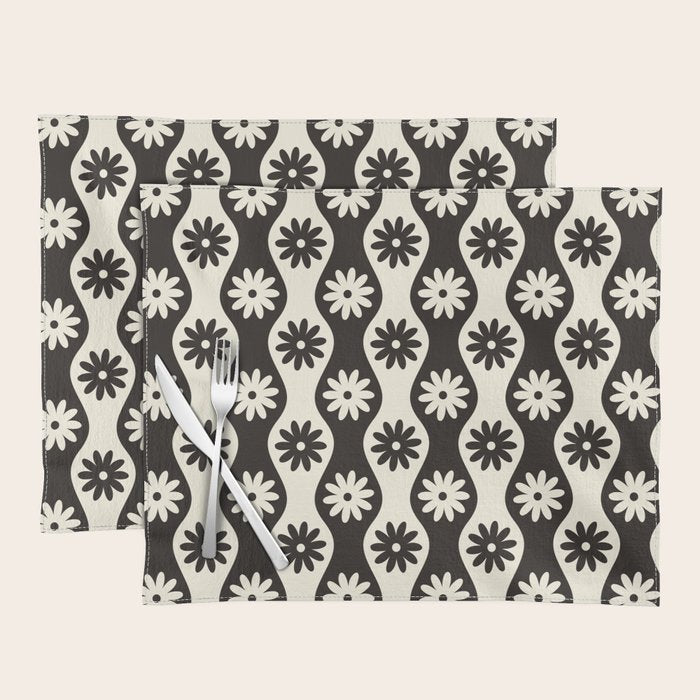 Retro Wavy Stripes with Flowers in Black & Off White Placemat Gallery Image 1