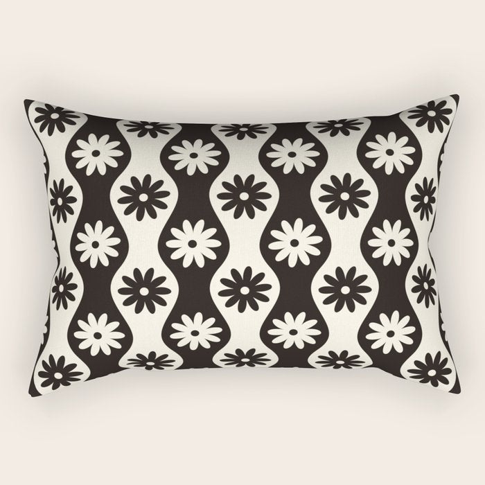 Retro Wavy Stripes with Flowers in Black & Off White Rectangular Pillow Gallery Image 1
