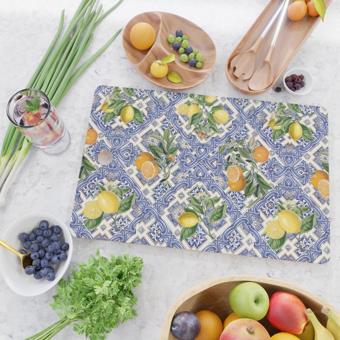 Mediterranean blue ceramic tiles, citrus fruit, lemons and oranges Cutting Board Gallery Image 2
