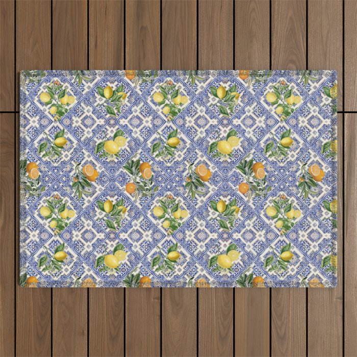 Mediterranean blue ceramic tiles, citrus fruit, lemons and oranges Outdoor Rug Gallery Image 1