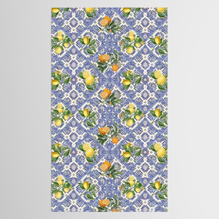 Mediterranean blue ceramic tiles, citrus fruit, lemons and oranges Tablecloth Gallery Image 2