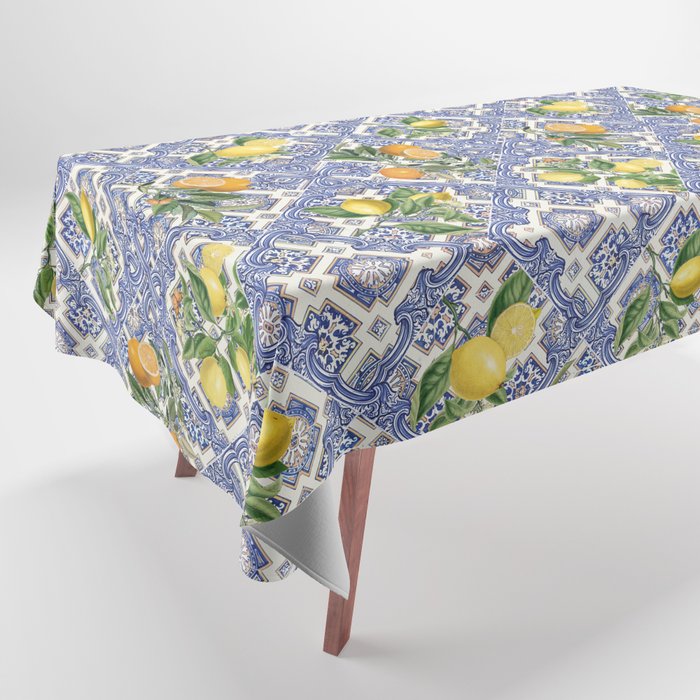 Mediterranean blue ceramic tiles, citrus fruit, lemons and oranges Tablecloth Gallery Image 1