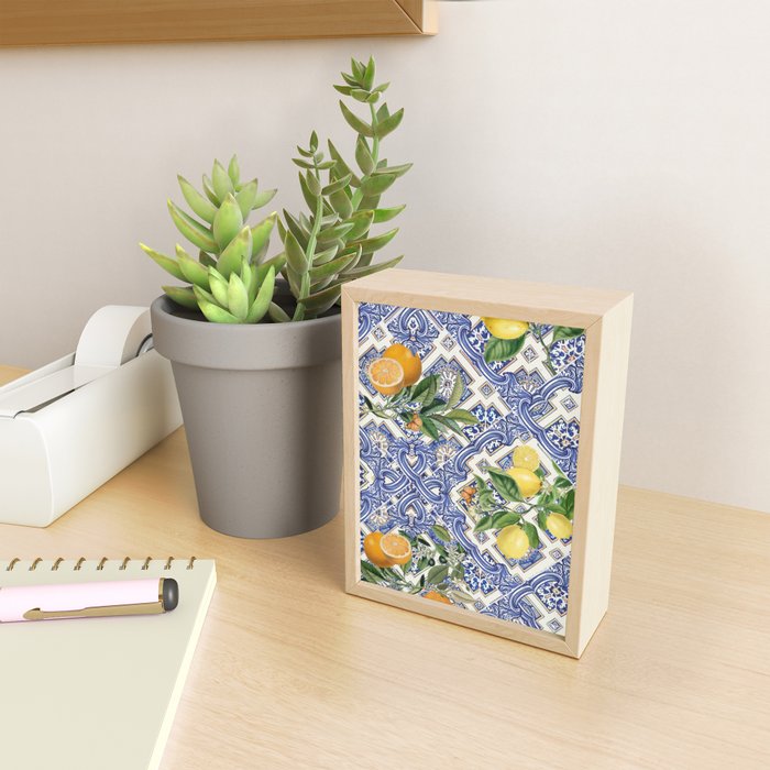 Mediterranean blue ceramic tiles, citrus fruit, lemons and oranges Mini Art Print Gallery Image 2