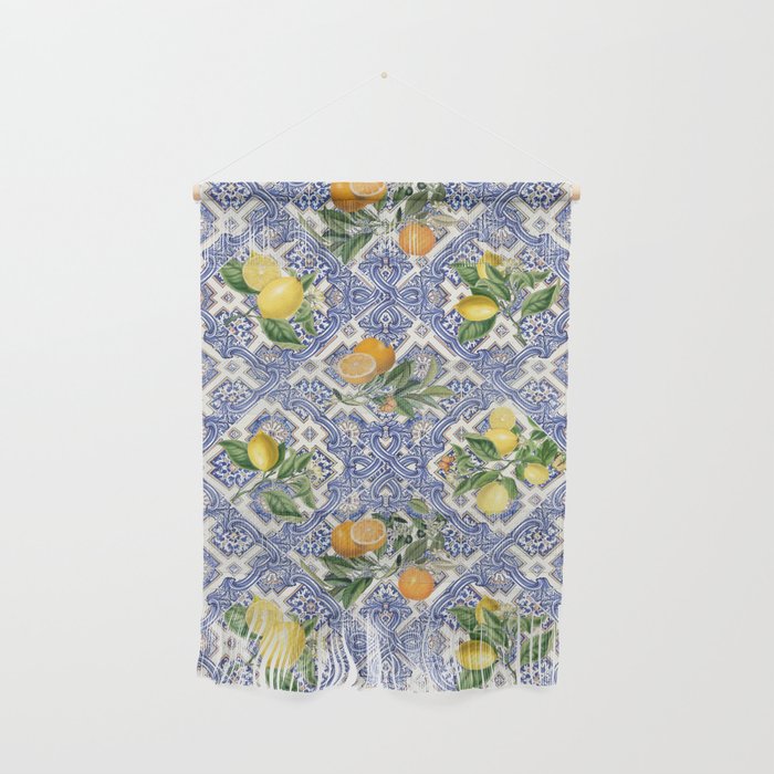 Mediterranean blue ceramic tiles, citrus fruit, lemons and oranges Wall Hanging Gallery Image 1