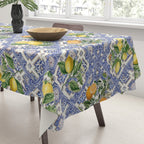 Mediterranean blue ceramic tiles, citrus fruit, lemons and oranges Tablecloth Gallery Image 3