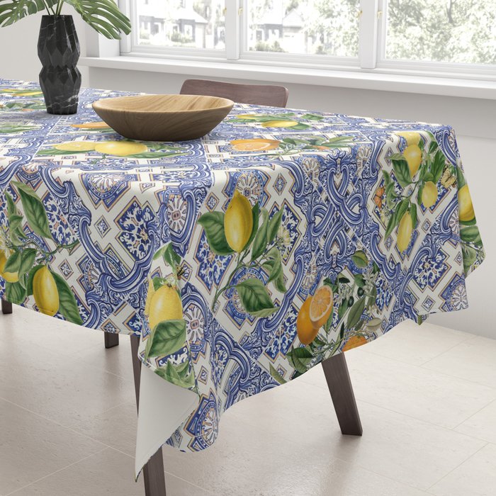 Mediterranean blue ceramic tiles, citrus fruit, lemons and oranges Tablecloth Gallery Image 3