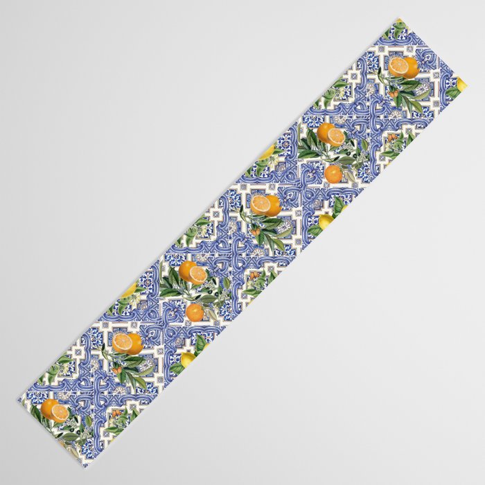 Mediterranean blue ceramic tiles, citrus fruit, lemons and oranges Table Runner Gallery Image 3