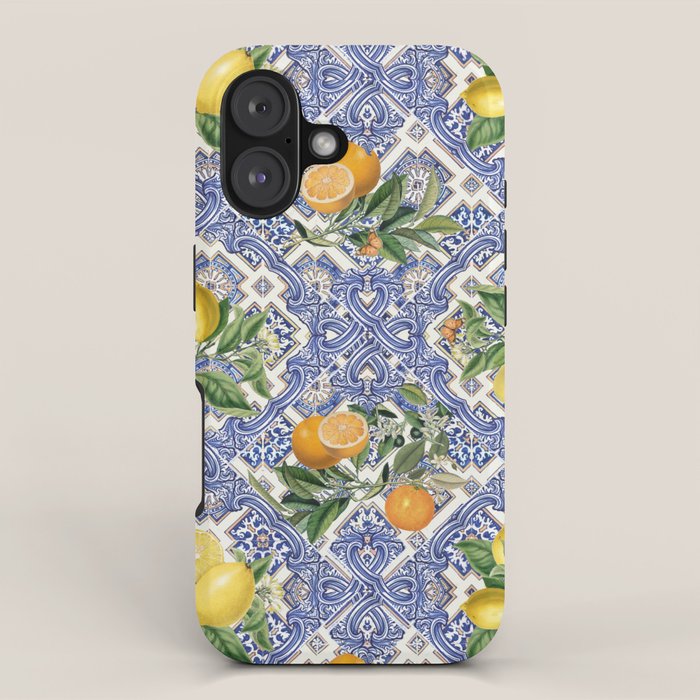 Mediterranean blue ceramic tiles, citrus fruit, lemons and oranges iPhone Case
