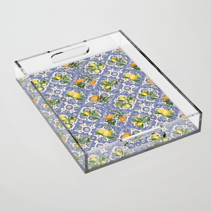 Mediterranean blue ceramic tiles, citrus fruit, lemons and oranges Acrylic Tray Gallery Image 1