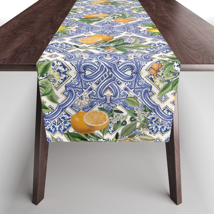 Mediterranean blue ceramic tiles, citrus fruit, lemons and oranges Table Runner Gallery Image 1