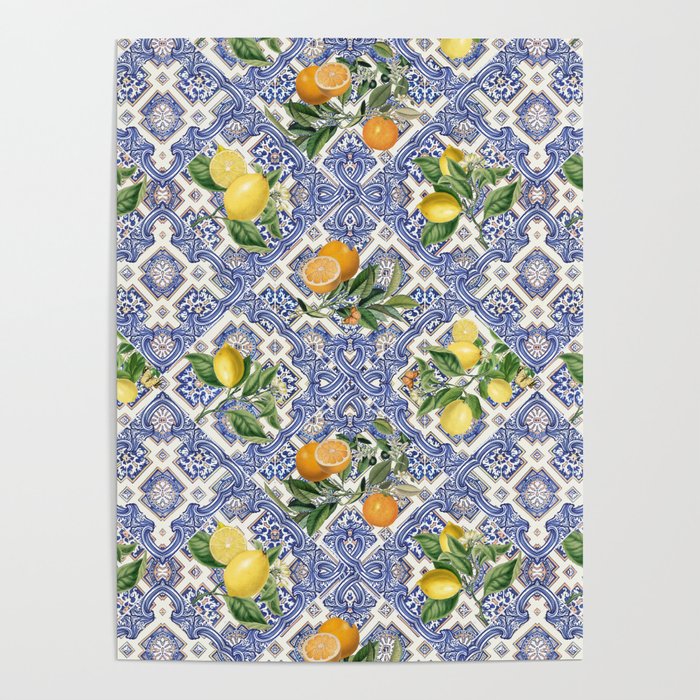 Mediterranean blue ceramic tiles, citrus fruit, lemons and oranges Poster Gallery Image 4