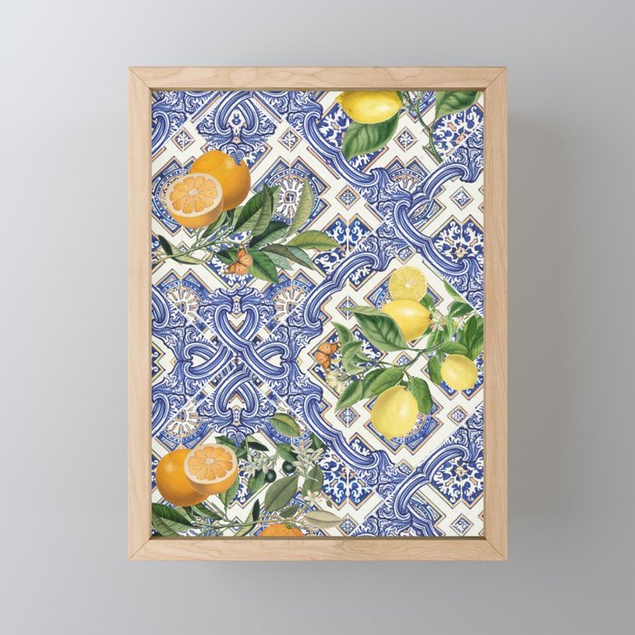 Mediterranean blue ceramic tiles, citrus fruit, lemons and oranges Mini Art Print Gallery Image 1