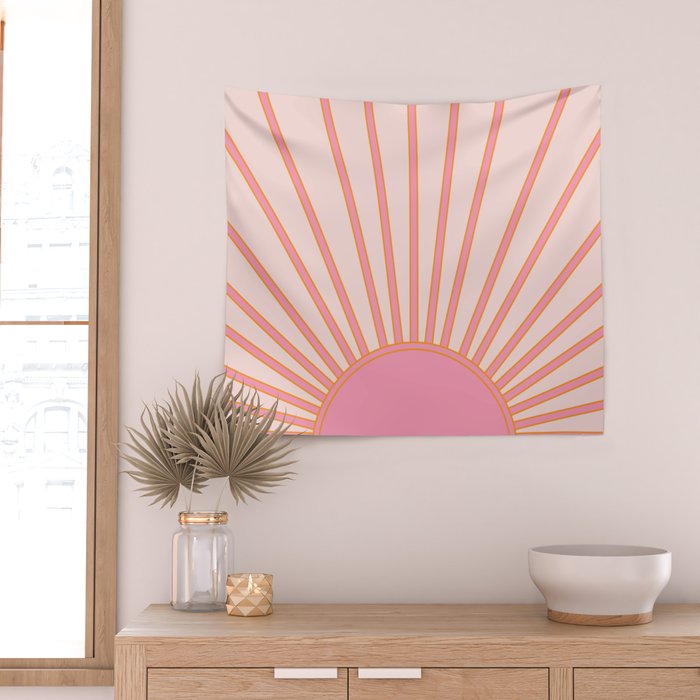   Sun Sunrise Pink Sun Print Sunshine Retro Sun Wall Art Vintage Boho Geometric Line Modern Decor  Wall Tapestry Gallery Image 2