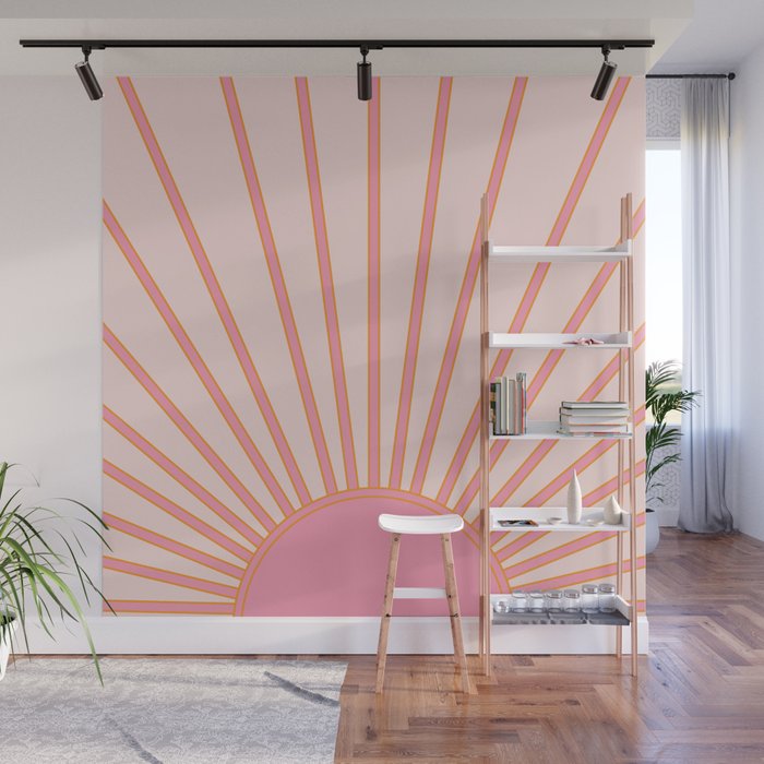   Sun Sunrise Pink Sun Print Sunshine Retro Sun Wall Art Vintage Boho Geometric Line Modern Decor  Wall Mural Gallery Image 1