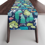 Geometric whimsical wonderland // navy blue background green forest with unicorns foxes gnomes and mushrooms Table Runner Gallery Image 1