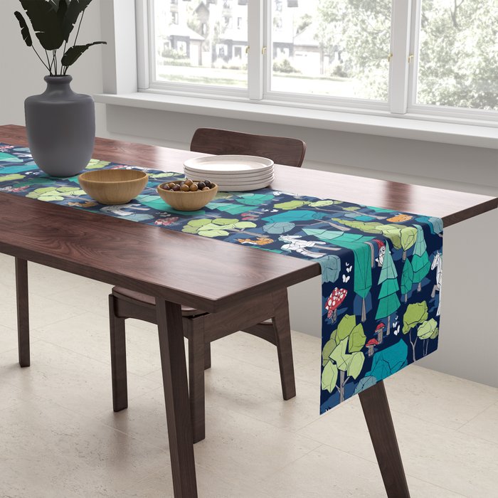 Geometric whimsical wonderland // navy blue background green forest with unicorns foxes gnomes and mushrooms Table Runner Gallery Image 2