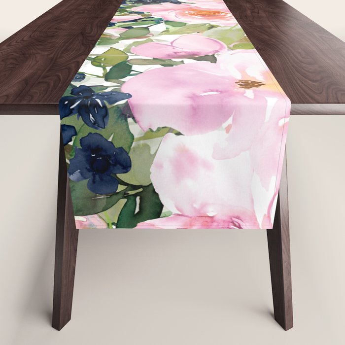 Festive, Floral Watercolor Rose Garden, Pink and White Table Runner Gallery Image 1