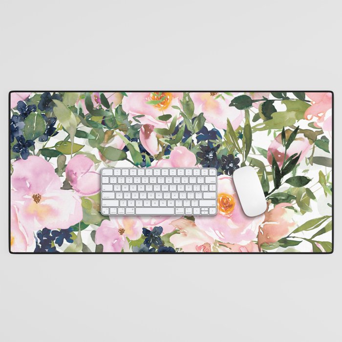 Festive, Floral Watercolor Rose Garden, Pink and White Desk Mat Gallery Image 1