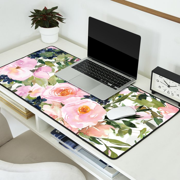 Festive, Floral Watercolor Rose Garden, Pink and White Desk Mat Gallery Image 2