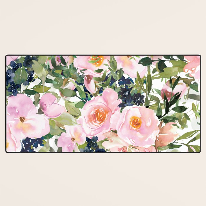 Festive, Floral Watercolor Rose Garden, Pink and White Desk Mat Gallery Image 3