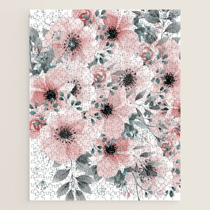 Flower Watercolor, Blush Pink and Gray, Floral Prints Jigsaw Puzzle Gallery Image 1