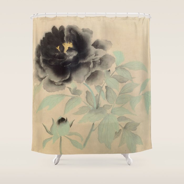 Japanese Showa Period Black Peonies - Gyoshu Hayami Shower Curtain Gallery Image 1
