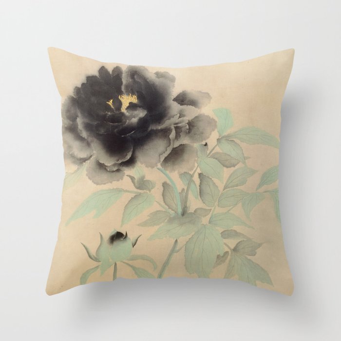 Japanese Showa Period Black Peonies - Gyoshu Hayami Throw Pillow Gallery Image 1