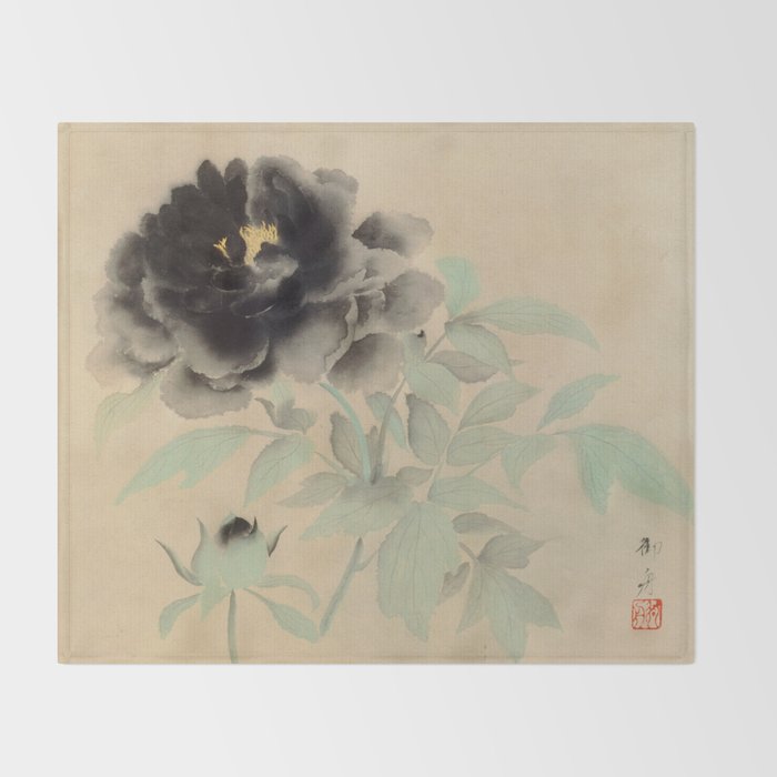 Japanese Showa Period Black Peonies - Gyoshu Hayami Throw Blanket Gallery Image 2