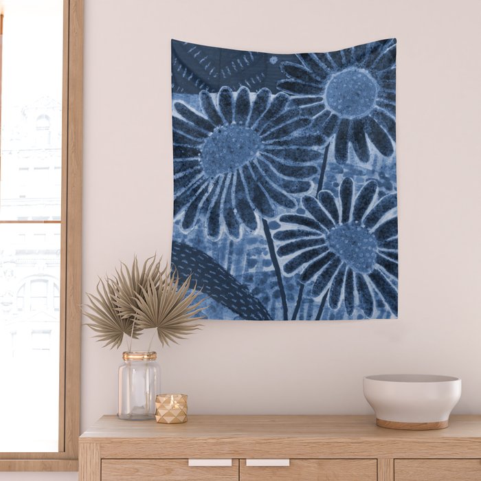 Daisies in Country Field Painting in Navy Blue Wall Tapestry Gallery Image 2