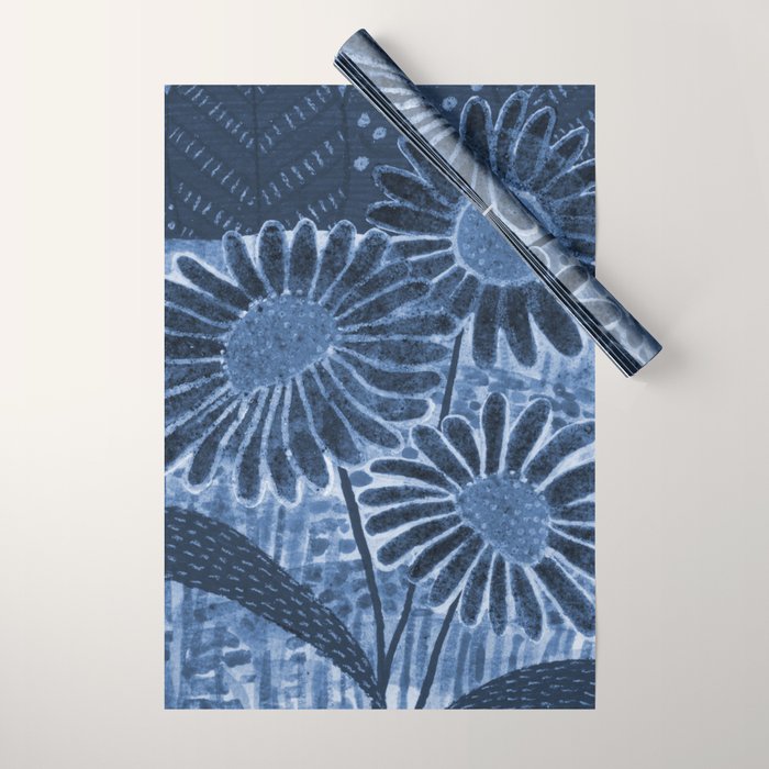 Daisies in Country Field Painting in Navy Blue Wrapping Paper Gallery Image 1