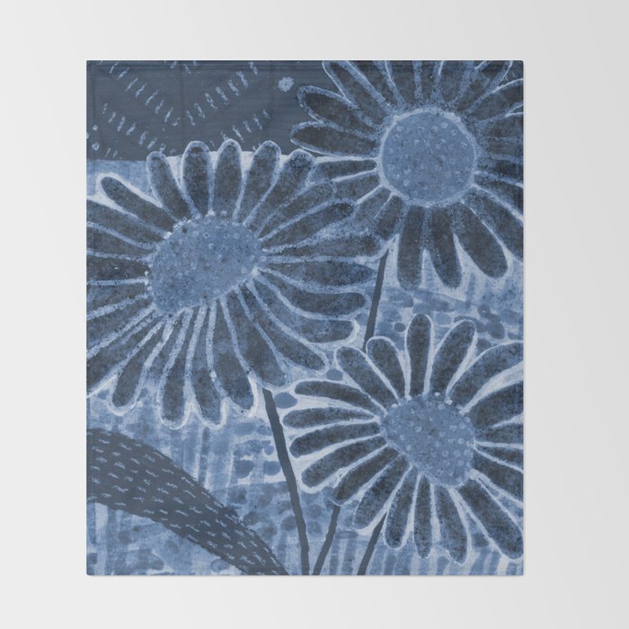 Daisies in Country Field Painting in Navy Blue Throw Blanket Gallery Image 2