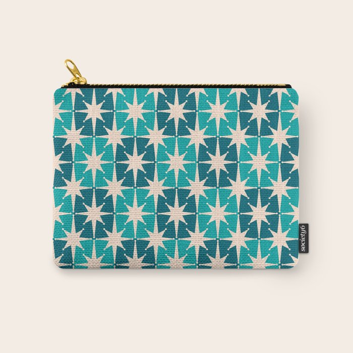 Mid Century Modern Atomic Stars Retro Checkered Starbursts Teal Blue and Cream Pattern Carry All Pouch Gallery Image 1