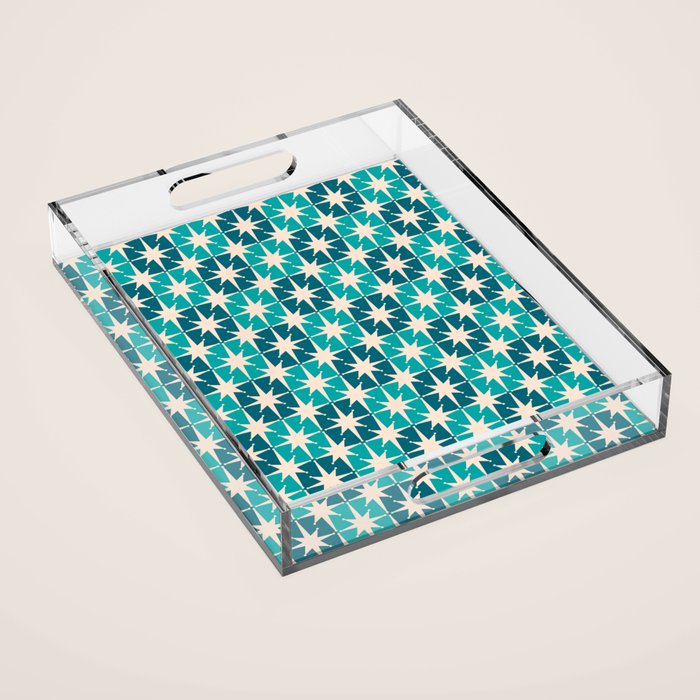Mid Century Modern Atomic Stars Retro Checkered Starbursts Teal Blue and Cream Pattern Acrylic Tray Gallery Image 1