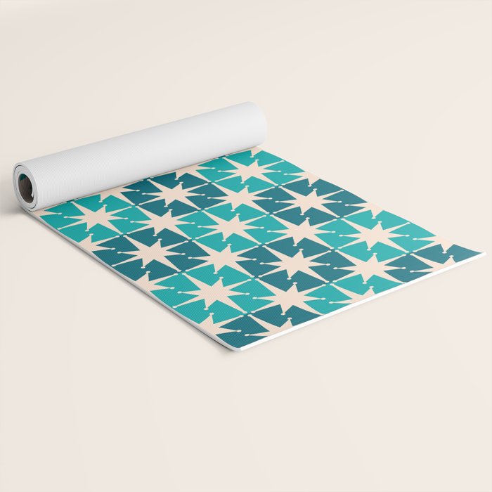 Mid Century Modern Atomic Stars Retro Checkered Starbursts Teal Blue and Cream Pattern Yoga Mat Gallery Image 2