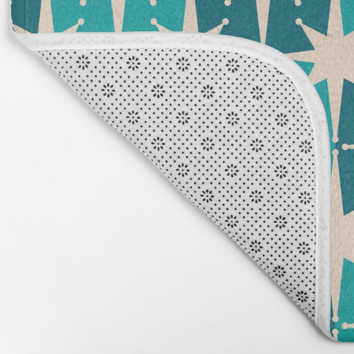 Mid Century Modern Atomic Stars Retro Checkered Starbursts Teal Blue and Cream Pattern Bath Mat Gallery Image 2