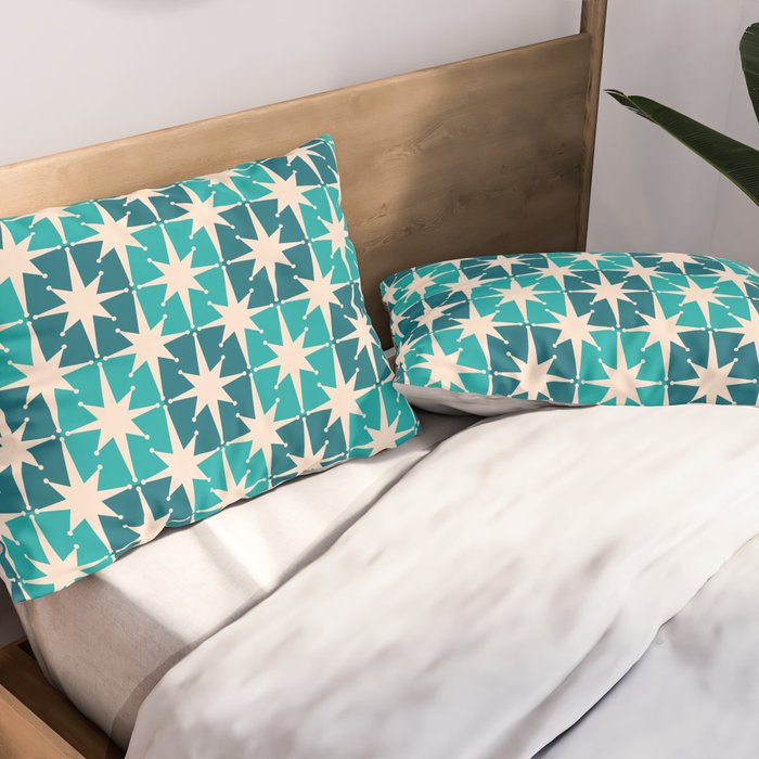 Mid Century Modern Atomic Stars Retro Checkered Starbursts Teal Blue and Cream Pattern Pillow Sham Gallery Image 2