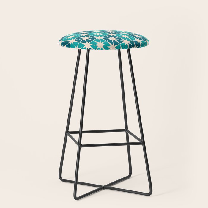 Mid Century Modern Atomic Stars Retro Checkered Starbursts Teal Blue and Cream Pattern Stool Gallery Image 1