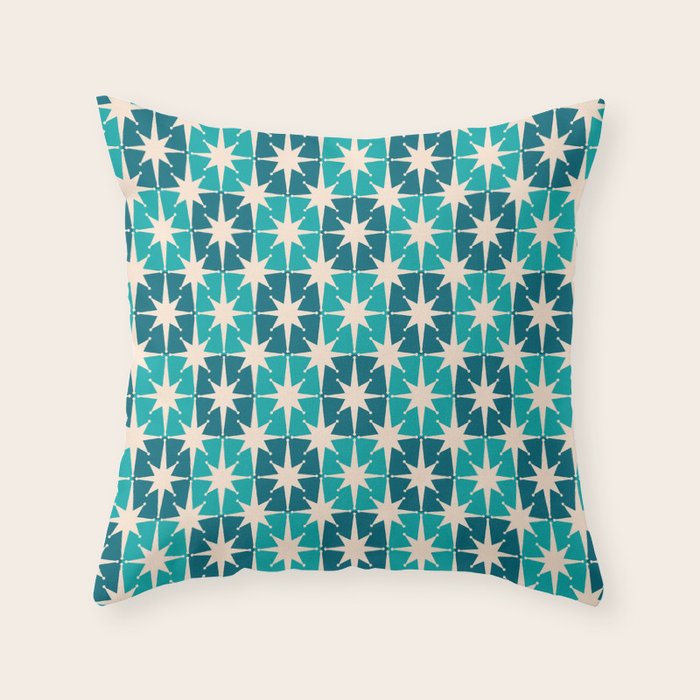 Mid Century Modern Atomic Stars Retro Checkered Starbursts Teal Blue and Cream Pattern Throw Pillow Gallery Image 1
