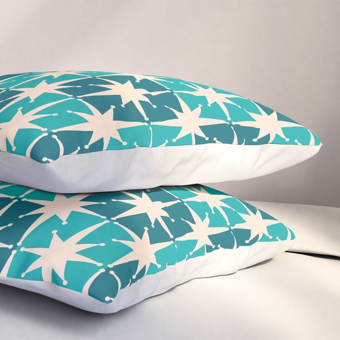 Mid Century Modern Atomic Stars Retro Checkered Starbursts Teal Blue and Cream Pattern Pillow Sham Gallery Image 3