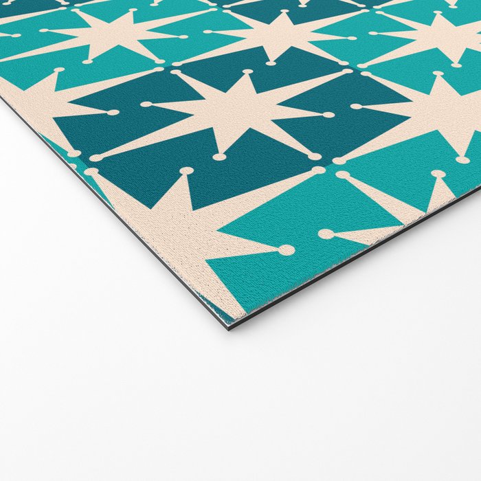 Mid Century Modern Atomic Stars Retro Checkered Starbursts Teal Blue and Cream Pattern Welcome Mat Gallery Image 2
